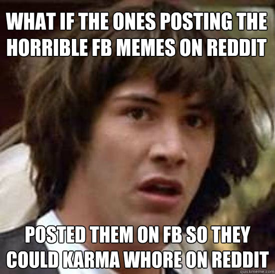 What if the ones posting the horrible fb memes on reddit  posted them on fb so they could karma whore on reddit  conspiracy keanu
