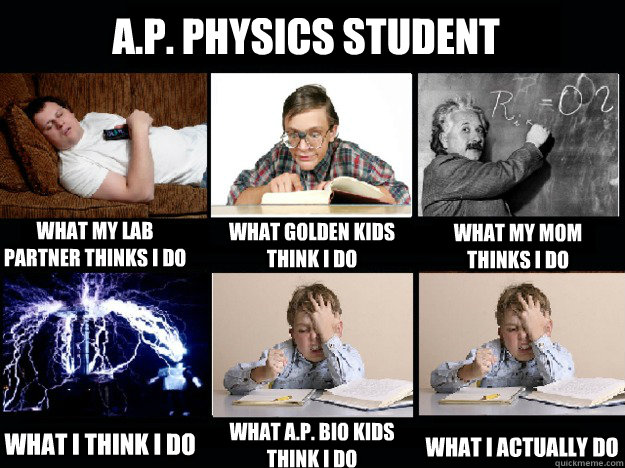 A.P. Physics Student What my lab partner thinks I do What Golden kids think I do What my mom thinks I do What I think I do What A.P. Bio kids think I do What I actually do - A.P. Physics Student What my lab partner thinks I do What Golden kids think I do What my mom thinks I do What I think I do What A.P. Bio kids think I do What I actually do  Misc