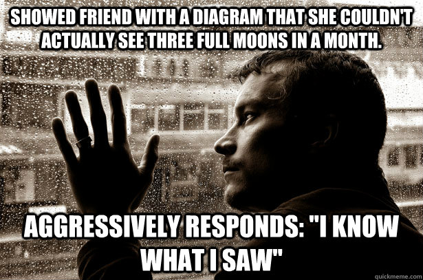 Showed friend with a diagram that she couldn't actually see three full moons in a month. Aggressively responds: 