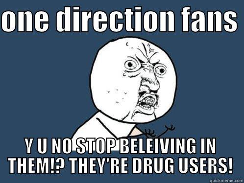 ONE DIRECTION FANS  Y U NO STOP BELEIVING IN THEM!? THEY'RE DRUG USERS! Y U No