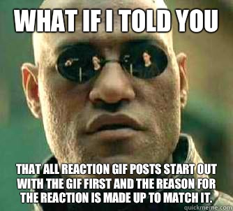what if i told you That all reaction gif posts start out with the gif first and the reason for the reaction is made up to match it.  Matrix Morpheus