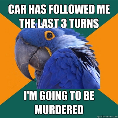 Car has followed me the last 3 turns i'm going to be murdered  Paranoid Parrot