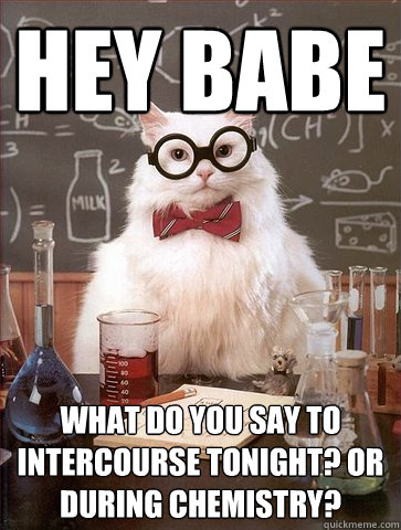 Hey Babe What do you say to intercourse tonight? or during chemistry?  Science Cat