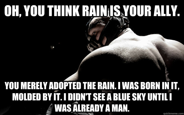 Oh, you think Rain is your ally. You merely adopted the rain. I was born in it, molded by it. I didn't see a blue sky until I was already a man.  Alcoholic Bane