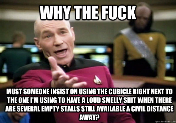 Why The Fuck Must someone insist on using the cubicle right next to the one i'm using to have a Loud Smelly shit when there  are several empty stalls still available a civil distance away?  Patrick Stewart WTF