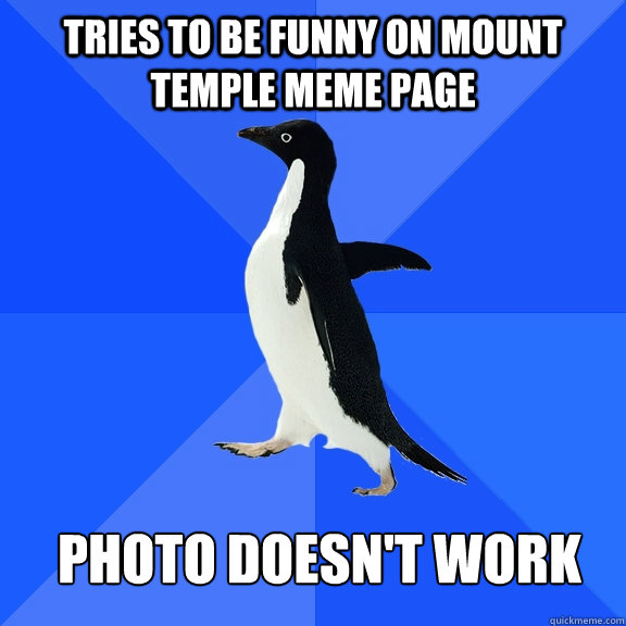 Tries to be funny On Mount Temple meme page Photo doesn't work  Socially Awkward Penguin