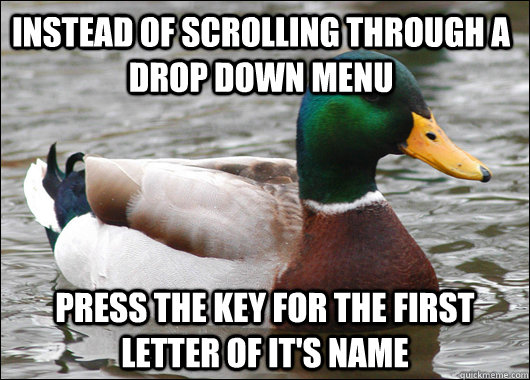 Instead of scrolling through a drop down menu Press the key for the first letter of it's name  Actual Advice Mallard