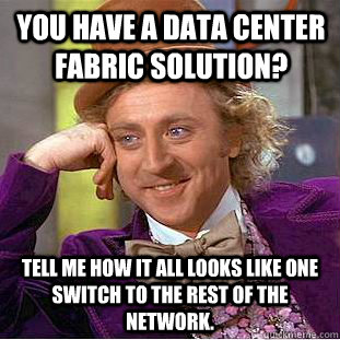 You have a Data Center Fabric solution? Tell me how it all looks like one switch to the rest of the network.  Condescending Wonka