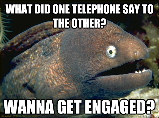 what did one telephone say to the other? Wanna get engaged?  Bad Joke Eel