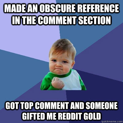 Made an obscure reference in the comment section Got top comment and someone gifted me reddit gold  Success Kid