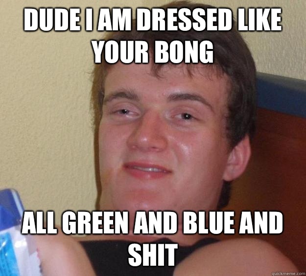 Dude I am dressed like your bong  All green and blue and shit  10 Guy