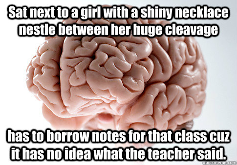 Sat next to a girl with a shiny necklace nestle between her huge cleavage has to borrow notes for that class cuz it has no idea what the teacher said.   Scumbag Brain