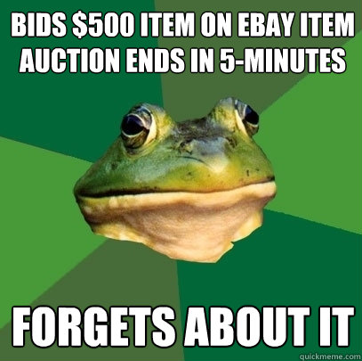 bids $500 item on ebay item auction ends in 5-minutes forgets about it  Foul Bachelor Frog