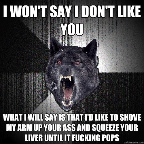 I won't say I don't like you What I WILL say is that I'd like to shove my arm up your ass and squeeze your liver until it fucking pops  Insanity Wolf