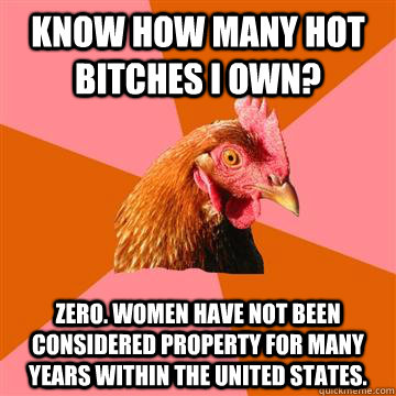 Know how many hot bitches I own? Zero. Women have not been considered property for many years within the United States.  Anti-Joke Chicken