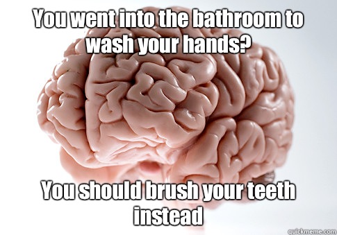 You went into the bathroom to wash your hands? You should brush your teeth instead   Scumbag Brain