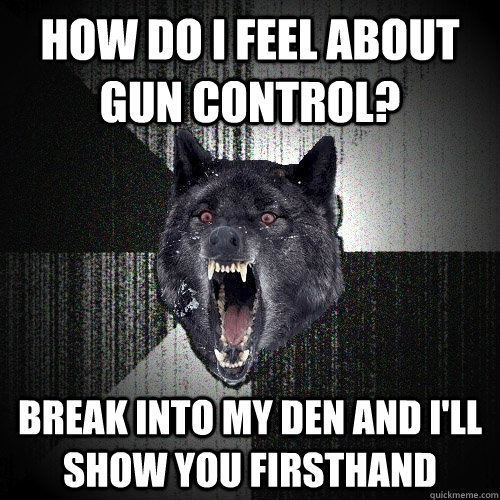 How do I feel about Gun Control? Break into my den and I'll show you firsthand  Insanity Wolf