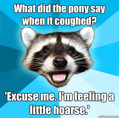 What did the pony say when it coughed? 'Excuse me. I'm feeling a little hoarse.'  Lame Pun Coon