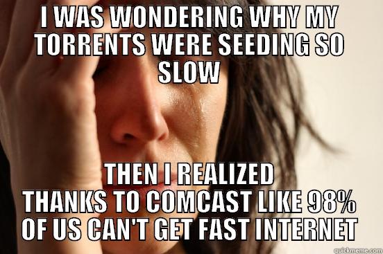 I WAS WONDERING WHY MY TORRENTS WERE SEEDING SO SLOW THEN I REALIZED THANKS TO COMCAST LIKE 98% OF US CAN'T GET FAST INTERNET First World Problems