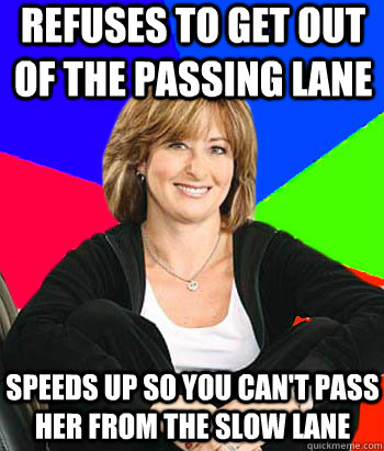Refuses to get out of the passing lane Speeds up so you can't pass her from the slow lane  Sheltering Suburban Mom