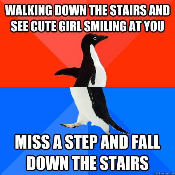 walking down the stairs and see cute girl smiling at you miss a step and fall down the stairs  Socially Awesome Awkward Penguin