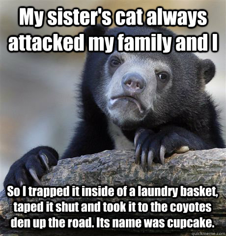 My sister's cat always attacked my family and I So I trapped it inside of a laundry basket, taped it shut and took it to the coyotes den up the road. Its name was cupcake. - My sister's cat always attacked my family and I So I trapped it inside of a laundry basket, taped it shut and took it to the coyotes den up the road. Its name was cupcake.  Confession Bear