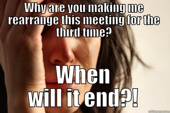 WHY ARE YOU MAKING ME REARRANGE THIS MEETING FOR THE THIRD TIME? WHEN WILL IT END?! First World Problems