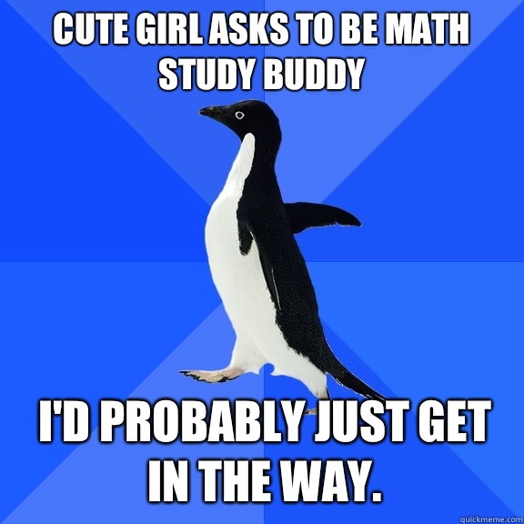 Cute girl asks to be math study buddy I'd probably just get in the way.  Socially Awkward Penguin