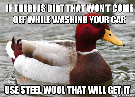 If there is dirt that won't come off while washing your car
 Use steel wool that will get it   Malicious Advice Mallard