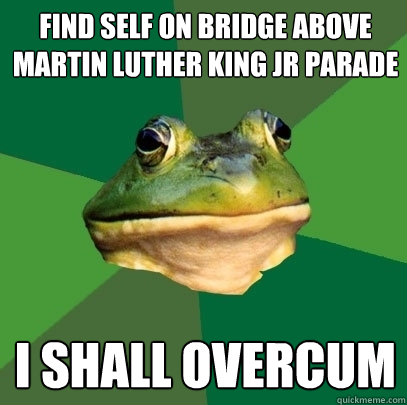 Find self on bridge above Martin Luther King Jr parade I shall overcum  Foul Bachelor Frog