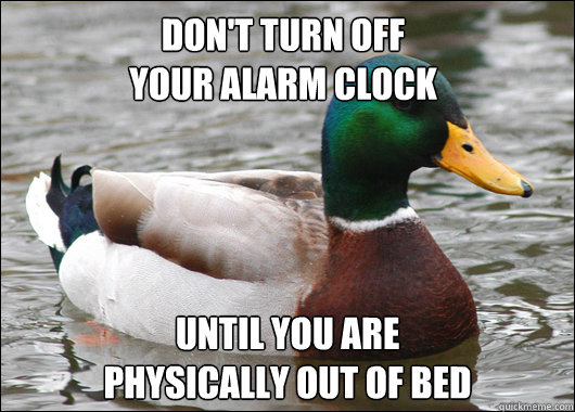 Don't turn off 
your alarm clock until you are 
physically out of bed  Actual Advice Mallard