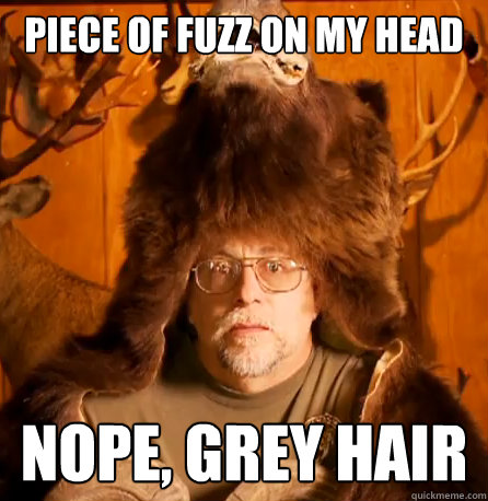 Piece of fuzz on my head NOPE, grey hair - Piece of fuzz on my head NOPE, grey hair  NOPE