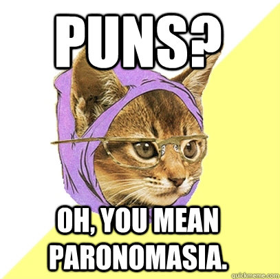 Puns? Oh, you mean paronomasia.  Hipster Kitty