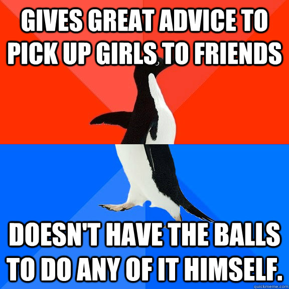 Gives great advice to pick up girls to friends Doesn't have the balls to do any of it himself.  Socially Awesome Awkward Penguin