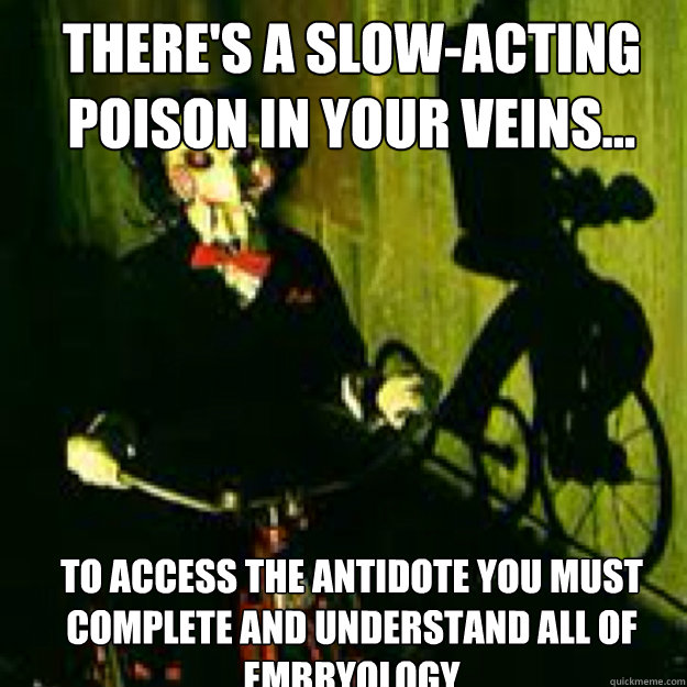 There's a slow-acting poison in your veins... To access the antidote you must complete and understand all of embryology - There's a slow-acting poison in your veins... To access the antidote you must complete and understand all of embryology  saw doll