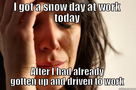 I GOT A SNOW DAY AT WORK TODAY AFTER I HAD ALREADY GOTTEN UP AND DRIVEN TO WORK First World Problems