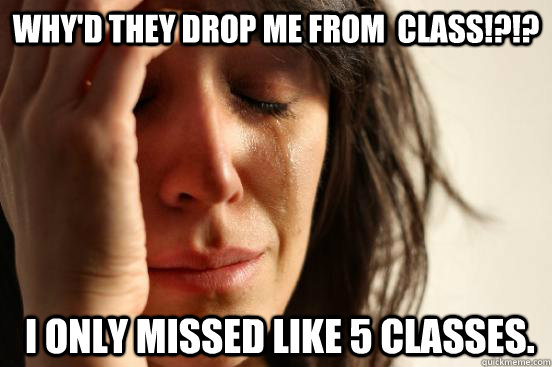 WHY'd They drop me from  class!?!?  i only missed like 5 classes.  First World Problems