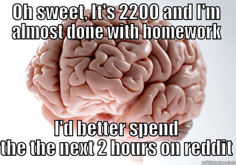 OH SWEET, IT'S 2200 AND I'M ALMOST DONE WITH HOMEWORK I'D BETTER SPEND THE THE NEXT 2 HOURS ON REDDIT Scumbag Brain