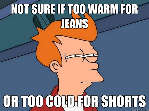 Not sure if too warm for jeans Or too cold for shorts  Futurama Fry