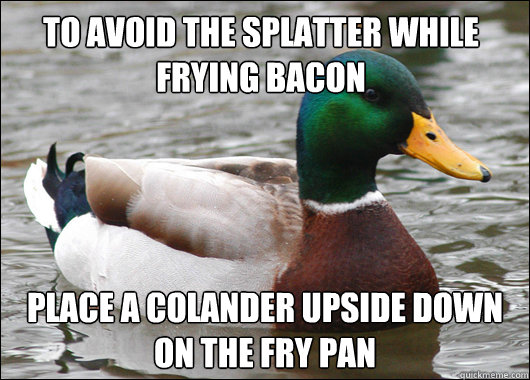to avoid the splatter while frying bacon place a colander upside down on the fry pan  Actual Advice Mallard