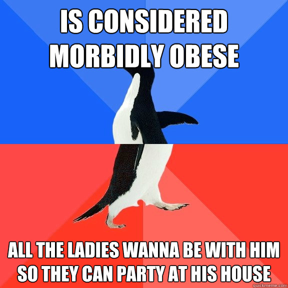 Is considered morbidly obese all the ladies wanna be with him so they can party at his house  Socially Awkward Awesome Penguin