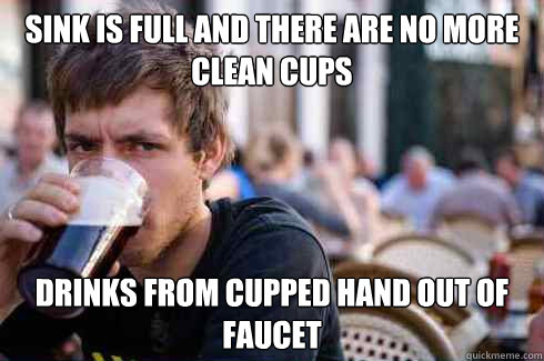 sink is full and there are no more clean cups drinks from cupped hand out of faucet  Lazy College Senior