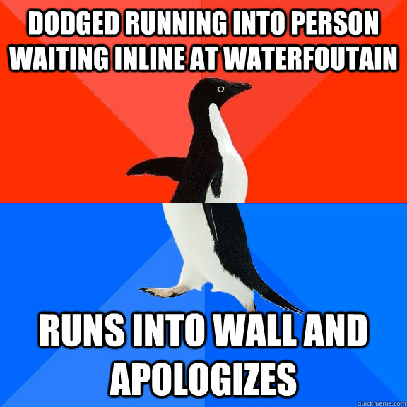 dodged running into person waiting inline at waterfoutain runs into wall and apologizes  Socially Awesome Awkward Penguin