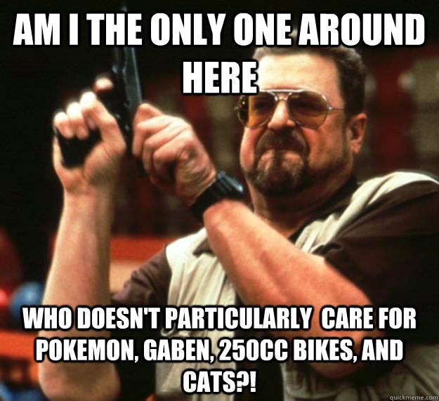 am I the only one around here Who doesn't particularly  care for pokemon, GabeN, 250cc bikes, and cats?!  Angry Walter
