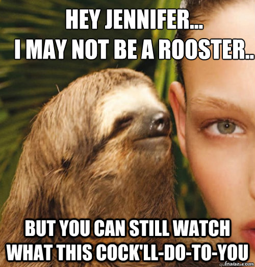 Hey Jennifer...
I may not be a rooster.. but you can still watch what this cock'll-do-to-you  rape sloth
