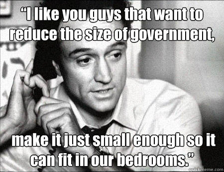 “I like you guys that want to reduce the size of government,  make it just small enough so it can fit in our bedrooms.” - “I like you guys that want to reduce the size of government,  make it just small enough so it can fit in our bedrooms.”  Josh Lyman