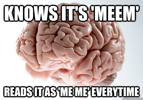 KNOWS IT'S 'MEEM' READS IT AS 'ME ME' EVERYTIME  Scumbag Brain
