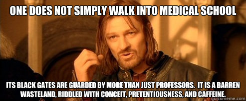 One does not simply walk into Medical School Its black gates are guarded by more than just professors.  It is a barren wasteland, riddled with conceit, pretentiousness, and caffeine. - One does not simply walk into Medical School Its black gates are guarded by more than just professors.  It is a barren wasteland, riddled with conceit, pretentiousness, and caffeine.  One Does Not Simply