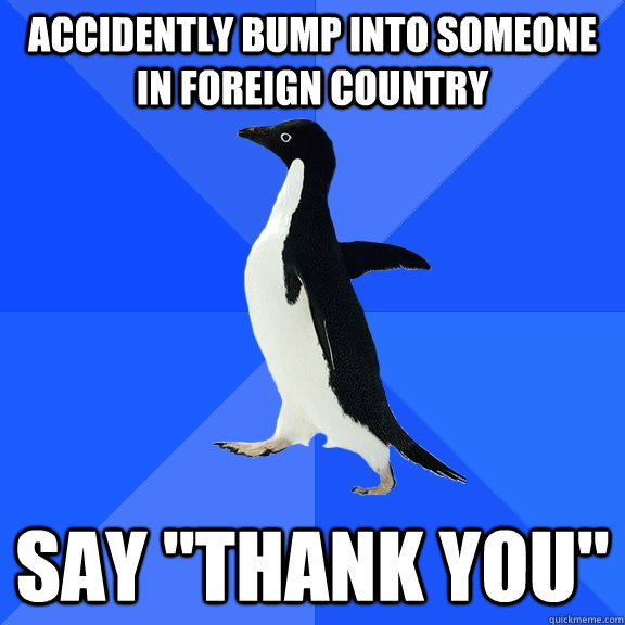 Accidently bump into someone in foreign country say 
