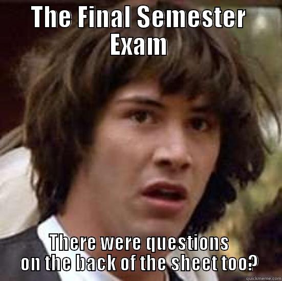 The test - THE FINAL SEMESTER EXAM THERE WERE QUESTIONS ON THE BACK OF THE SHEET TOO? conspiracy keanu